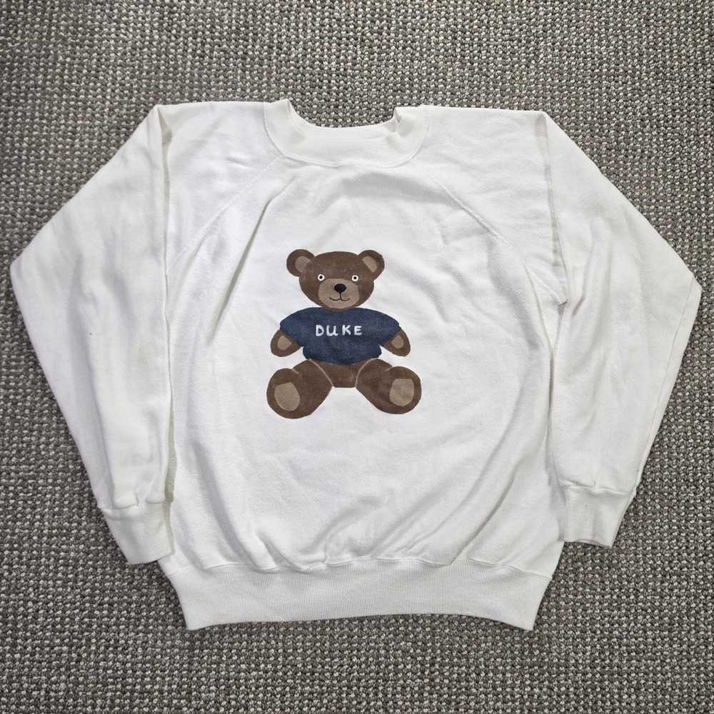 Duke University Teddy Bear Sweatshirt L White Raglan Hanes Her Way USA Made